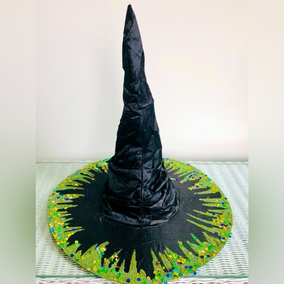Witch hat, black satin Green sparkles, extra large, green butterfly & spiders OS - Picture 6 of 15